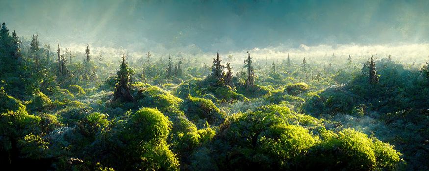 wild fairytale forest at dawn with hills and fog in the background.
