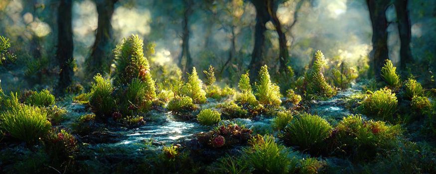 Magic fairytale forest with lake in fantasy style.