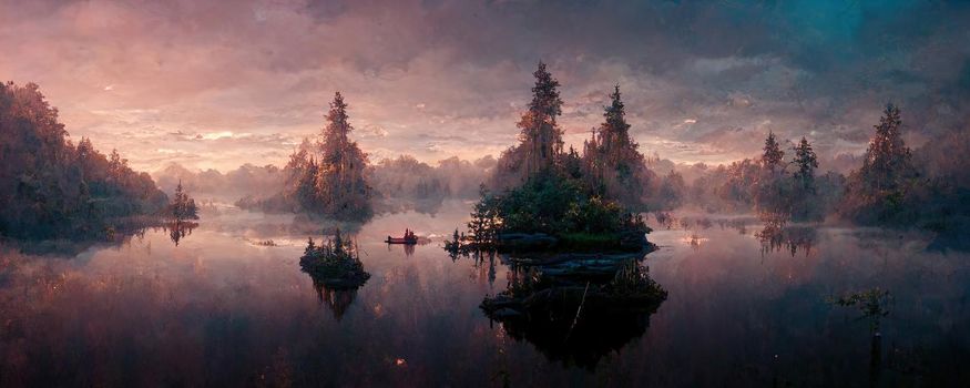 magical forest lake at dawn in fantasy style.