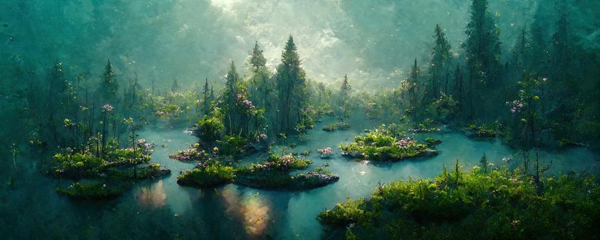 landscape of forest lake in fantasy style with emerald water.