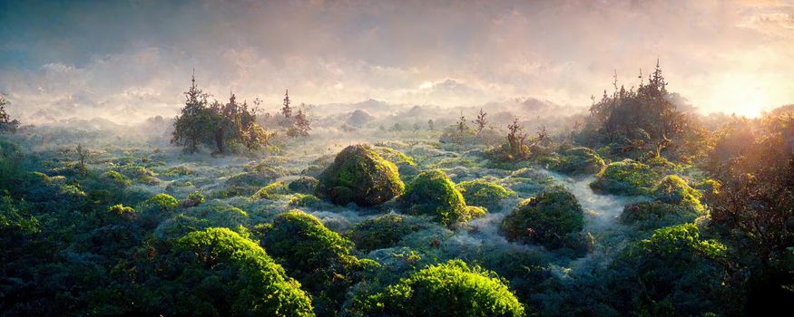 landscape of fabulous mystical swamp with fog at sunset.