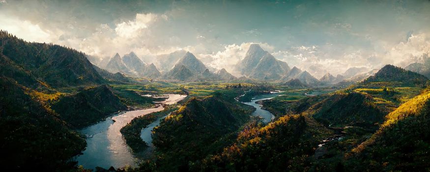 Fantastic panorama of the valley with mountains and rivers.