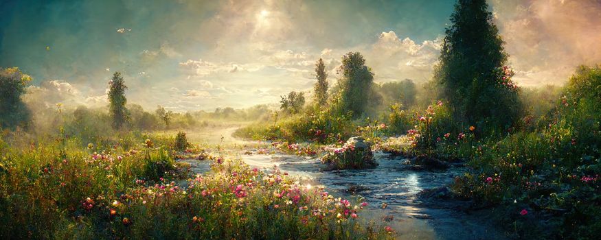 Magical landscape of a fairytale forest with a river along the banks of which flowers grow.