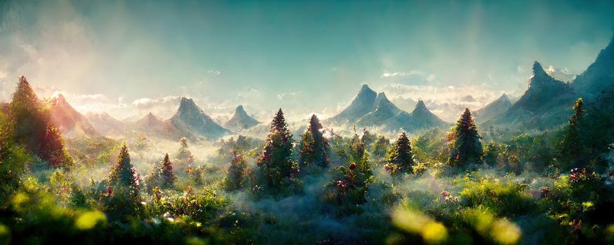 Magical forest with dense vegetation, green trees and bright flowers in the predawn mist.