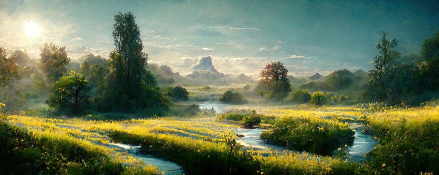 landscape of a forested plain surrounded by trees and mountains in the background with a river.