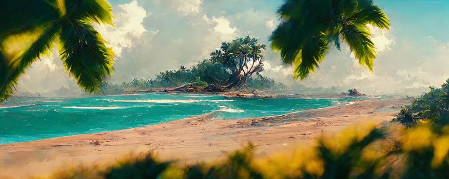 illustrative image of a wild beach with palm trees, an azure sea and a sandy spit.