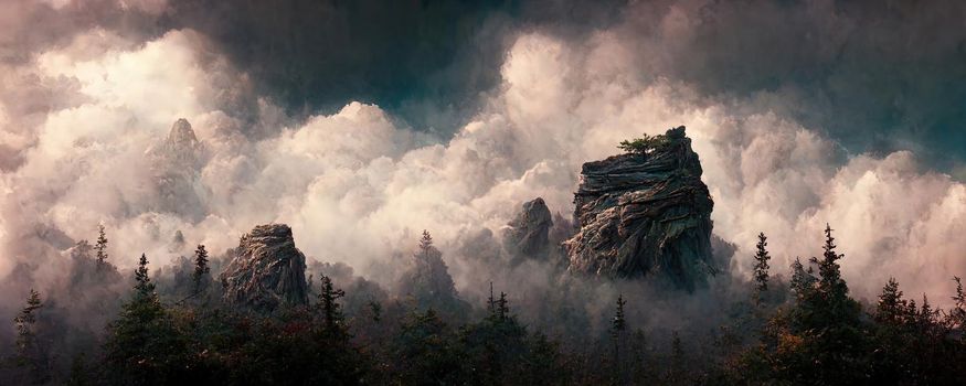 mystical landscape of mountains among the fog.