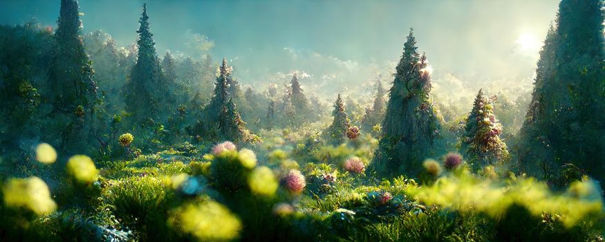 Magical forest panorama with trees and green meadow.