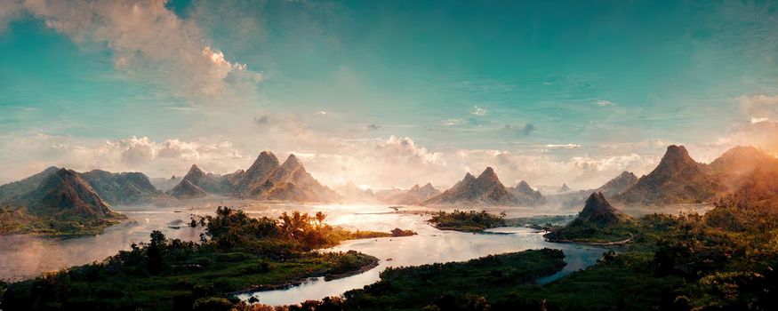 Fantastic panorama of the valley with overflowing lakes and mountain peaks in fantasy style.