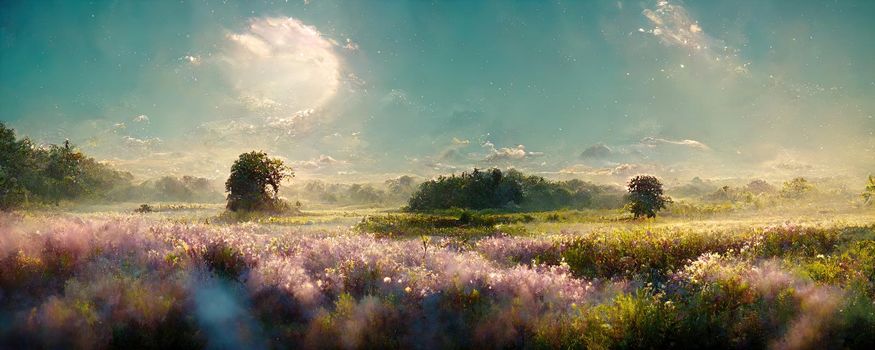 fantasy field landscape with flowers and green vegetation against the blue sky in fantasy style.
