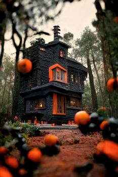 Black and orange house with Halloween theme, 3d illustration