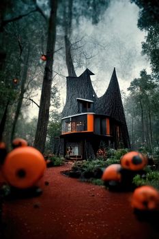 Black and orange house with Halloween theme, 3d illustration