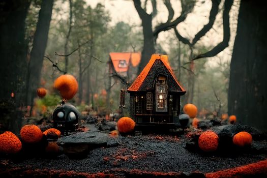 Black and orange house with Halloween theme, 3d illustration