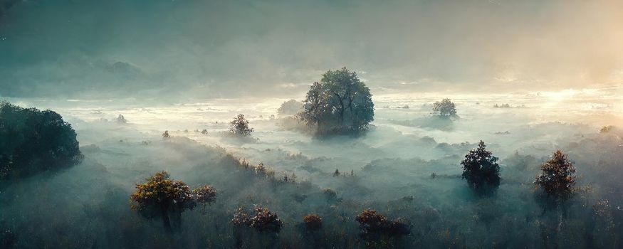 landscape of alpine forest in fog at dawn in fantasy style.