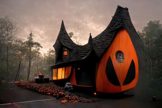 Black and orange house with Halloween theme, 3d illustration