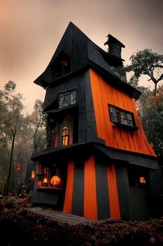 Black and orange house with Halloween theme, 3d illustration