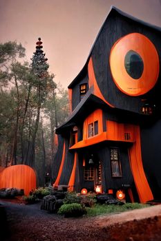 Black and orange house with Halloween theme, 3d illustration