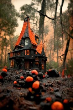 Black and orange house with Halloween theme, 3d illustration