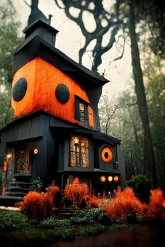 Black and orange house with Halloween theme, 3d illustration