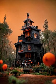 Black and orange house with Halloween theme, 3d illustration