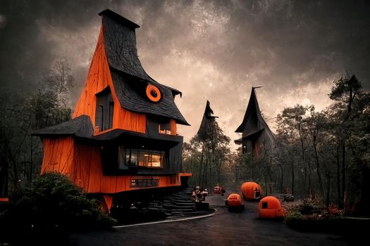 Black and orange house with Halloween theme, 3d illustration