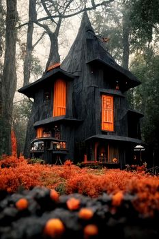 Black and orange house with Halloween theme, 3d illustration