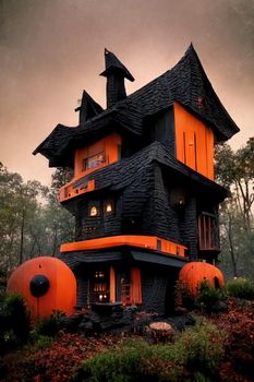 Black and orange house with Halloween theme, 3d illustration