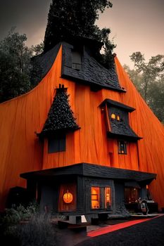 Black and orange house with Halloween theme, 3d illustration