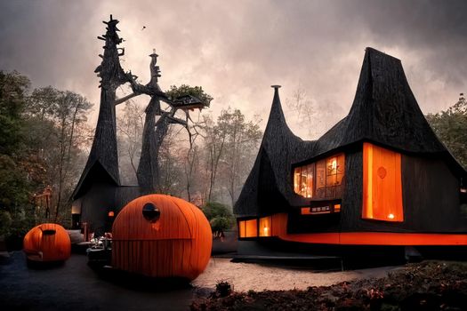 Black and orange house with Halloween theme, 3d illustration