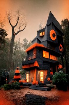 Black and orange house with Halloween theme, 3d illustration