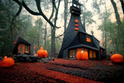 Black and orange house with Halloween theme, 3d illustration