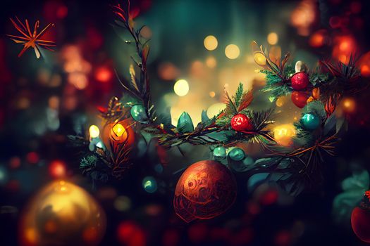 closeup view of decorated christmas spruce tree with hanging spherical toys, neural network generated art. Digitally generated image. Not based on any actual scene or pattern.