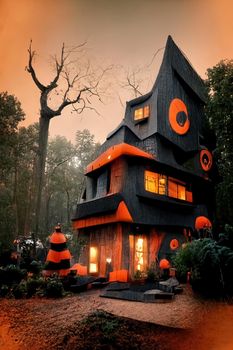 Black and orange house with Halloween theme, 3d illustration