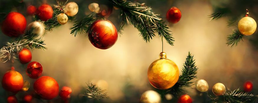 New Year's warm background with copy space in warm colors with Christmas decorations and Christmas tree branches.