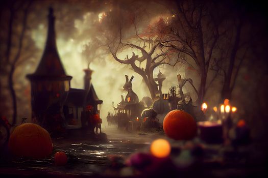 spooky halloween forest with scary black trees and pumpkins on the ground, neural network generated art. Digitally generated image. Not based on any actual scene or pattern.