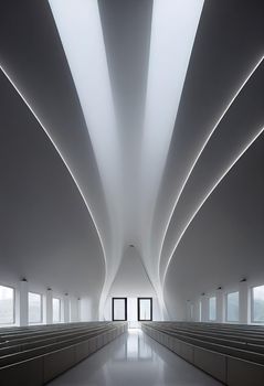 Interior shot of a modern contemporary futuristic chapel, 3d illustration