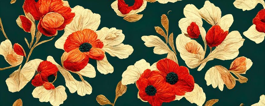 abstract floral background on fabric with red and white flowers.