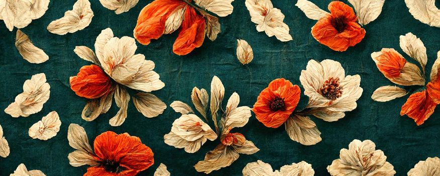 abstract pattern on the fabric in the form of flowers in warm shades of red, green and cream.