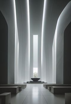 Interior shot of a modern contemporary futuristic chapel, 3d illustration