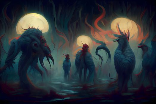 creepy fantastic nightmare alien creatures, neural network generated art. Digitally generated image. Not based on any actual scene or pattern.