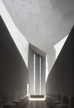 Interior shot of a modern contemporary futuristic chapel, 3d illustration