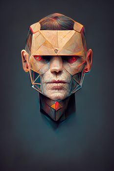 Polygonal human face into cyborg head, 3d illustration