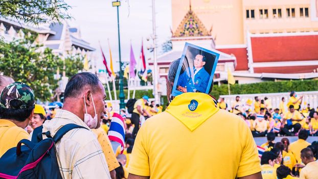 2020 November 01 Bangkok Thailand wearing yellow shirts rally in support of monarchy