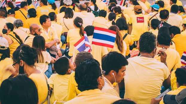 2020 November 01 Bangkok Thailand wearing yellow shirts rally in support of monarchy