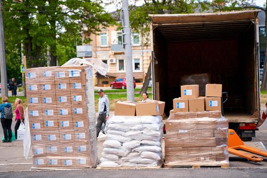 A batch of humanitarian aid was delivered to the volunteer center to help temporarily displaced persons. Dnipro, Ukraine - 06.30.2022