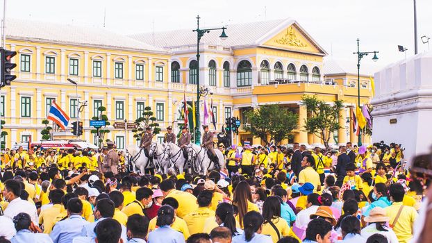 2020 November 01 Bangkok Thailand wearing yellow shirts rally in support of monarchy