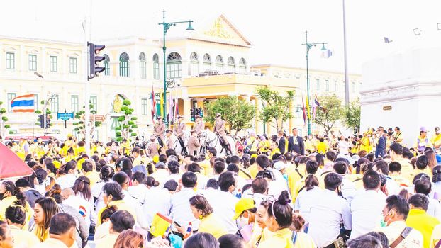 2020 November 01 Bangkok Thailand wearing yellow shirts rally in support of monarchy