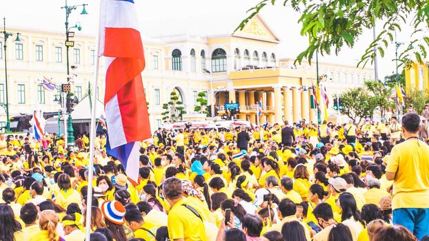 2020 November 01 Bangkok Thailand wearing yellow shirts rally in support of monarchy