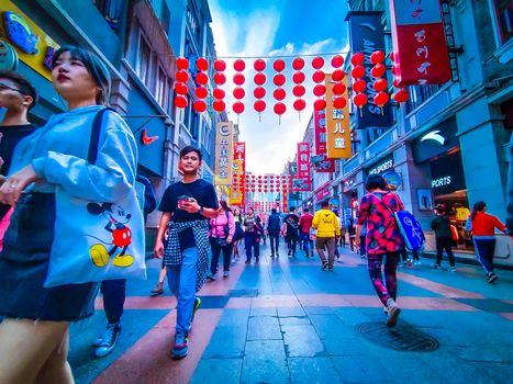 Guangzhou, China December 2019  Shangxiajiu Pedestrian . commercial pedestrian street in Liwan District . main shopping district of the city . a major tourist attraction.