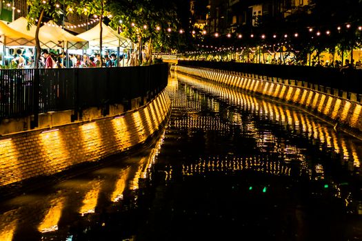 November 2020 Bangkok Thailand, lighting installation anf flea market of Ongang canal street art